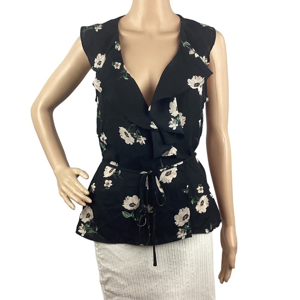Lulus Build Me Up Buttercup Black Floral Print Wrap Top Size S